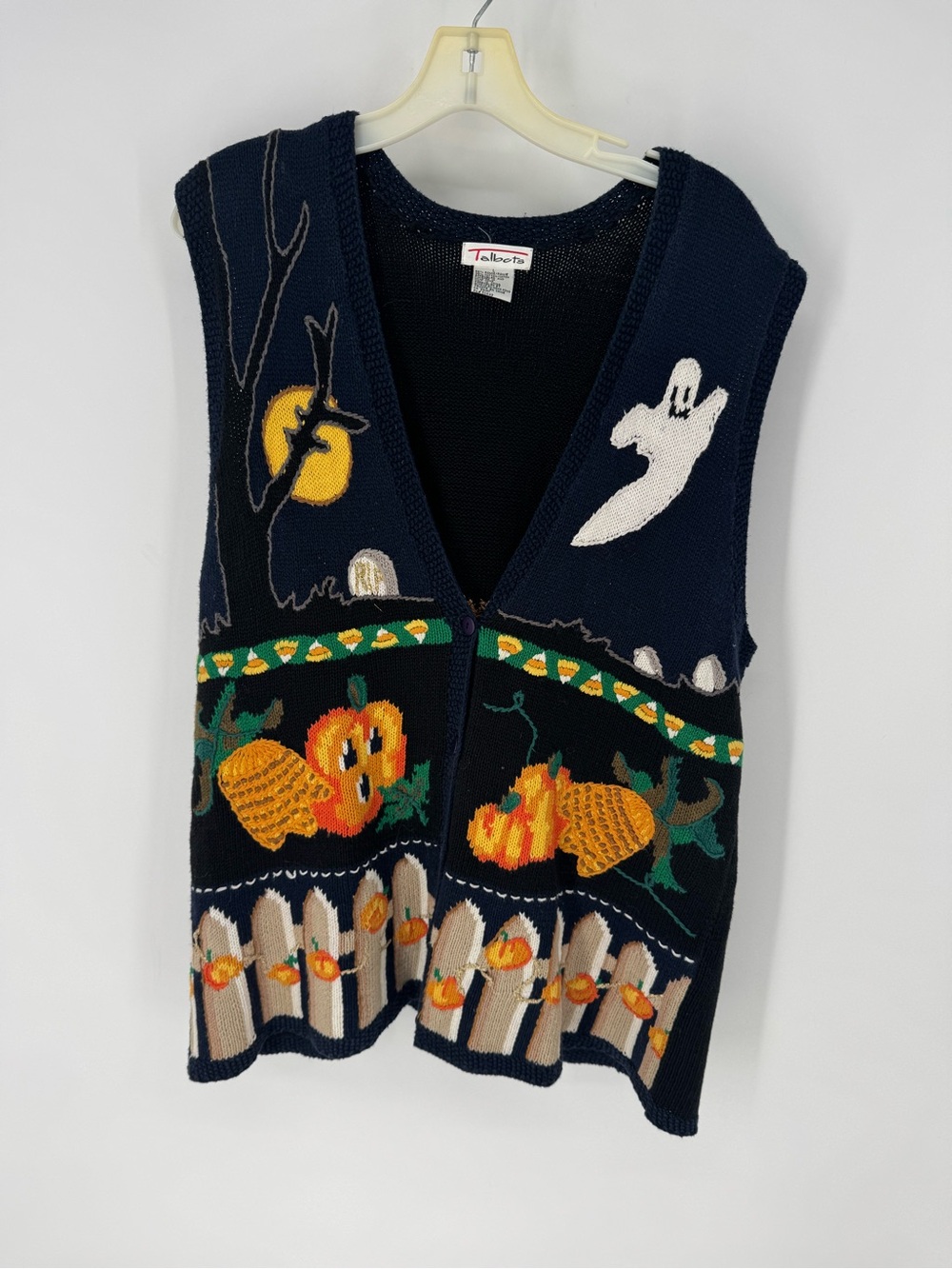 Talbots Navy Knit Halloween Pumpkin & Ghost V-Neck Vest